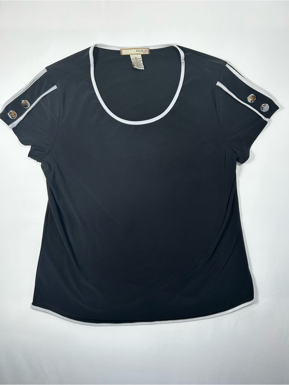 Atelier 29 Black White Contrast Trim Button Blouse PL Petite Large
